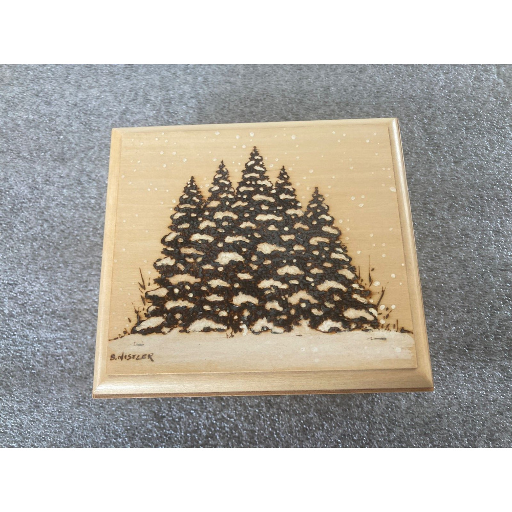 Wooden Jewelry Trinket Momento Box Engraved Snow on Evergreen Trees Signed